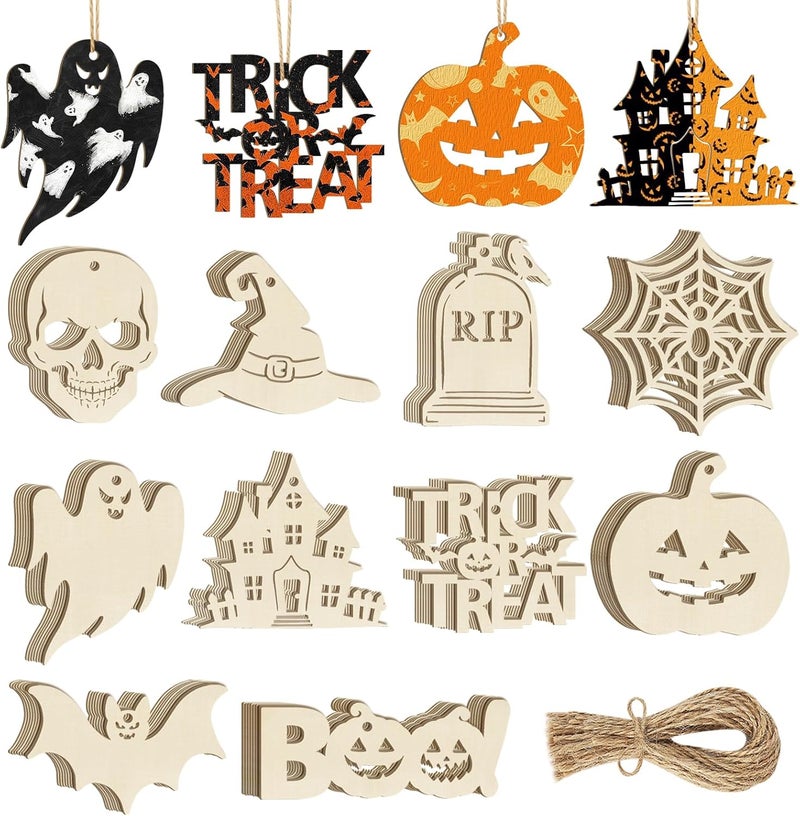 Sophena 80PCS Wooden Halloween Ornaments to Paint Fall Decorations,10 Styles DIY Blank Autumn Unfinished Wood Skull Pumpkin Ghost Bat Boo Trick or Treat Halloween Cutouts Ornament for Crafts Party Hanging - Image 1